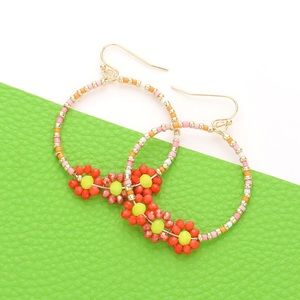 Coral Faceted Beaded Triple Flower Accented Open Circle Dangle Earrings